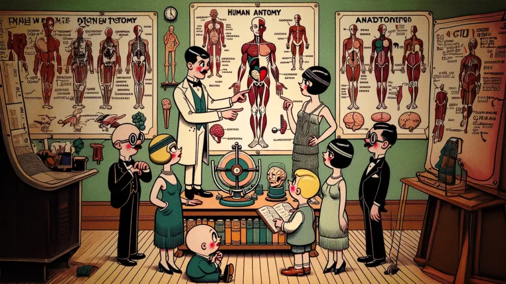 vintage characters studying human anatomy