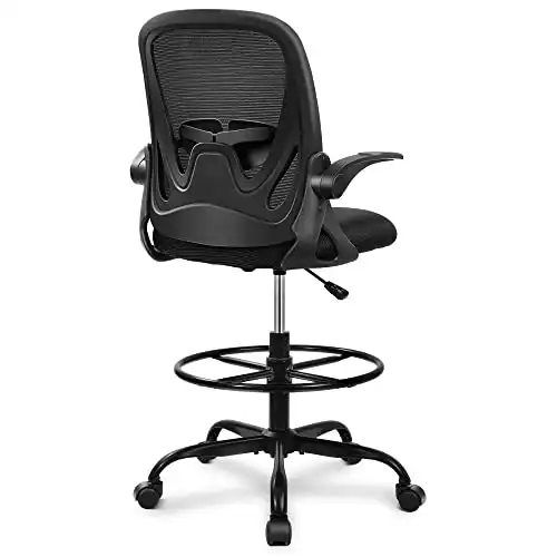 Primy Tall Drafting Chair with Flip-up Armrests Executive Ergonomic Computer Standing Desk Chair with Lumbar Support and Adjustable Footrest Ring (Black)