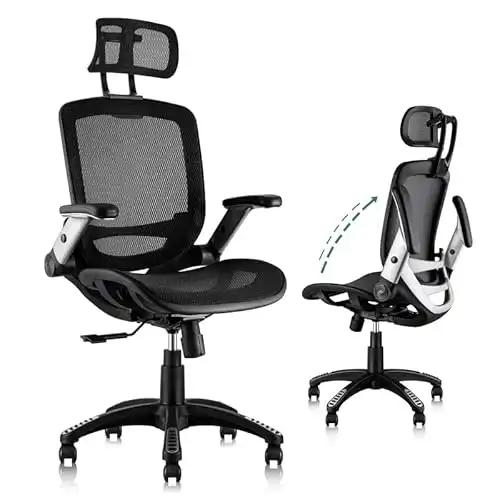 GABRYLLY Ergonomic Office Mesh Chair, High-Back Desk Chair with Sliding Seat, Adjustable Flip-up Armrest & 2D Headrest, 4-Gear Tilt Function, Swivel Computer Gaming Chair for Man Woman