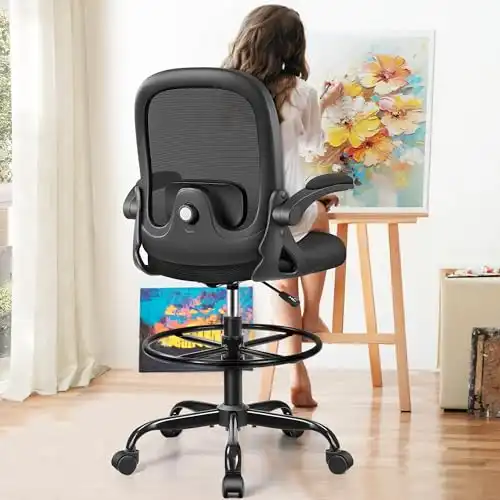 AtHope Tall Drafting Chair Ergonomic Standing Desk Chair, with Adjustable Footrest Ring, 3D Lumbar Support, Flip-up Armrests, Swivel Desk Stool for Drawing