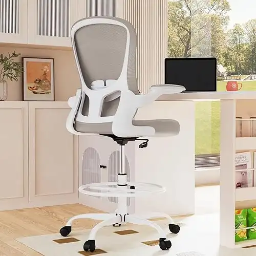 Drafting Chair, Tall Office Chair with Flip-up Armrests Executive Ergonomic Computer Standing Desk Chair, Office Drafting Chair with Lumbar Support and Adjustable Footrest Ring