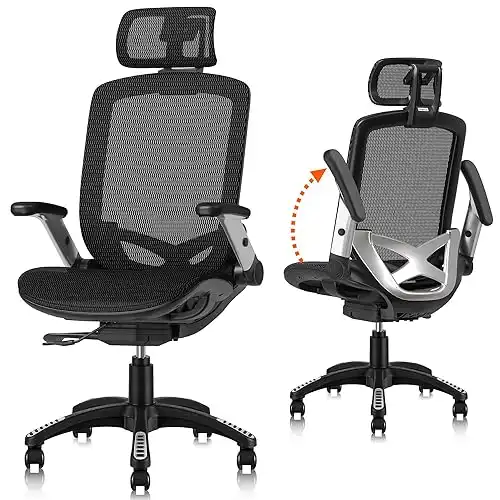 GABRYLLY Ergonomic Office Mesh Chair, High-Back Desk Chair with Sliding Seat, Adjustable Flip-up Armrest & 2D Headrest, 4-Gear Tilt Function, Swivel Computer Gaming Chair for Man Woman