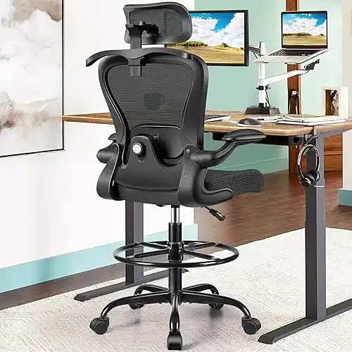 AtHope Drafting Chairs with 3D Lumbar Support and Adjustable Headrest Foot Ring (Black)